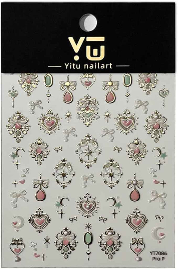 5D Embossed Gemstone Nail Stickers Self-Adhesive Valentines Nail Art Stickers Gold Heart Bow Moon Gems Designs Shiny Luxury Nails Art Supplies Cute Nail Decals for Women Manicure Decorations DIY