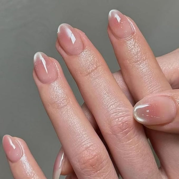 KQueenest Cat Eye French Press on Nails Short Oval, 30 Pcs Ombre Pink Fake Nails Extra Short Round, Glitter Glue on Nails for Women, Reusable Chrome Blush Pink Stick on Nails Almond for Small Size