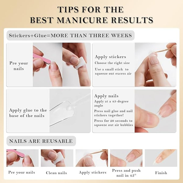 evpct French Tips Press on Nails Petite Squoval for Women Gift, Nude Pink + Peach Pink Liner Tips, Soft Gel Press Stick on Nail with Nail Kit, Supremely Fit Full Cover, Reusable Acrylic Fake Nails Kit