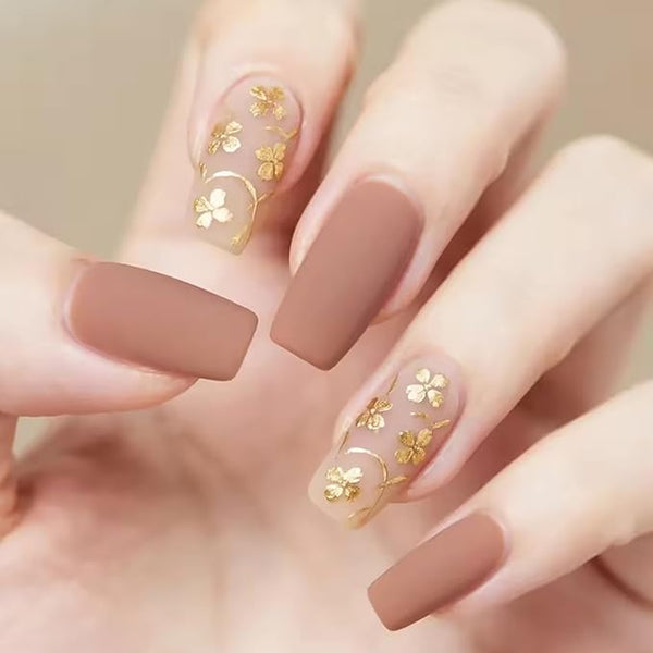 3D Gold Flower Press on Nails Short Square Fake Nails with Design Matte Acrylic Glue on Nail Reusable Full Cover Artificial Stick on Nail for Women DIY Manicure