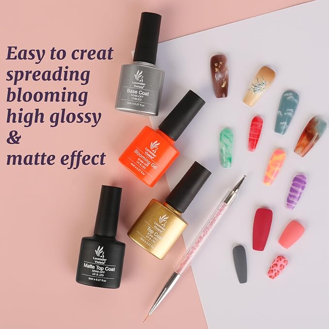 Lavender Violets Gel Nail Polish Set,Base,Glossy n Matte Top Coat,Blooming Gel Liner Pen Classical Solid Colors Nude Red Blue Glitter Sliver Green Gold French Nail Art Gifts for Women UV Varnish C997