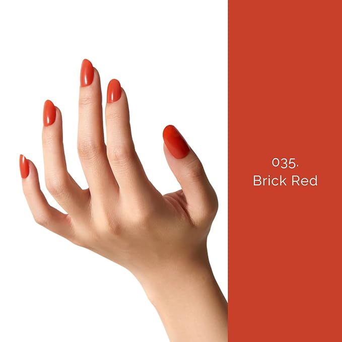 Semi Cured Gel Nail Strips - NAILOG 20 Pcs Brown Nail Stickers Extra Long Wraps with Glossy Gel Finishing for Autumn Winter, Brick Red