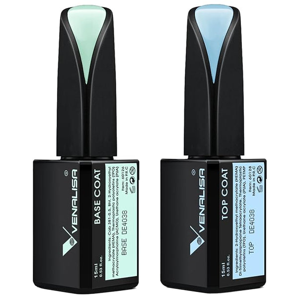 VENALISA 2 Pcs 15ml Gel Nail Ploish Base and Top Coat Set, No Wipe High Gloss Long Lasting Tempered Top Coat Polish Soak Off LED Gel Kit