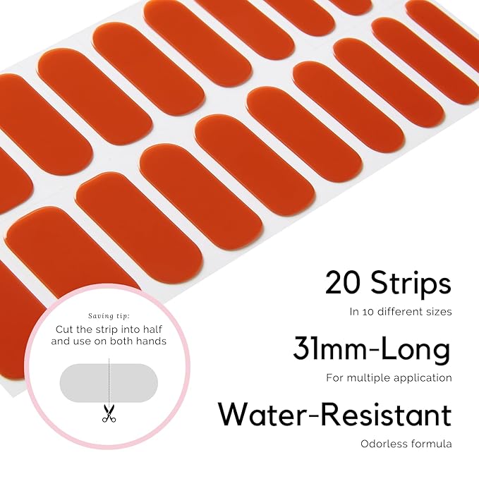 Semi Cured Gel Nail Strips - NAILOG 20 Pcs Brown Nail Stickers Extra Long Wraps with Glossy Gel Finishing for Autumn Winter, Brick Red