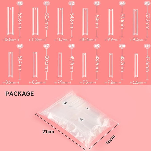 UNA GELLA 504PCS No C Curve Tapered Square Nail Tips, 3XL Extra Long Straight Clear Fake Nail Tips, 12 Sizes Half Cover Gel False Nails for Acrylic Nails Professional Salons Home DIY