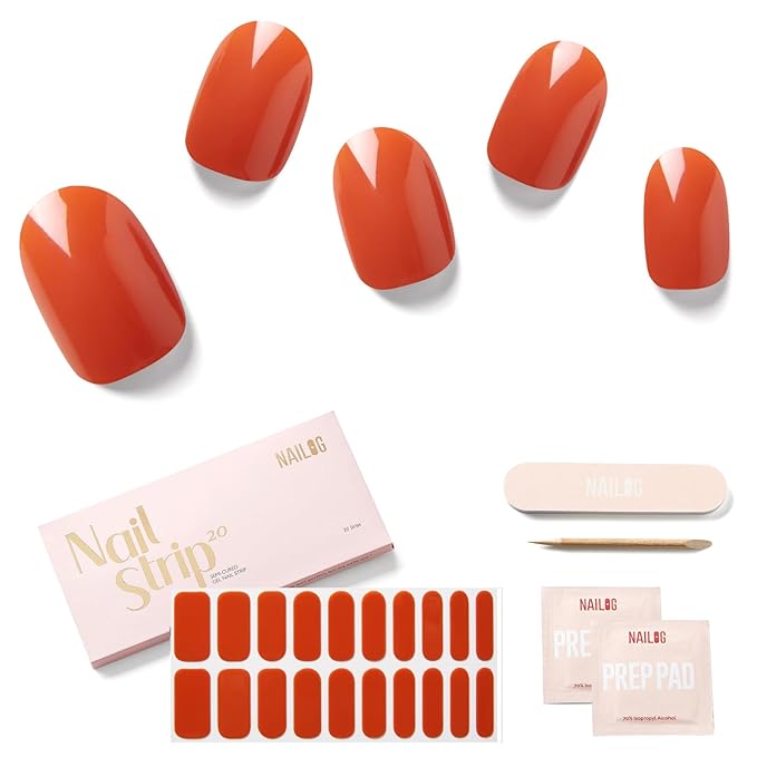 Semi Cured Gel Nail Strips - NAILOG 20 Pcs Brown Nail Stickers Extra Long Wraps with Glossy Gel Finishing for Autumn Winter, Brick Red