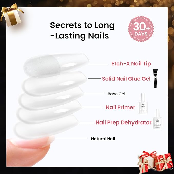 Beetles Gel Nail Kit Short Almond Gift Spree, with Dehydrator and Primer, 576Pcs Half Matte Etch-X Gel Nail Tips Solid Nail Glue Mini Lamp Acrylic Tips Easy DIY Extension Set Gift for Women