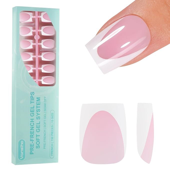 Vansiho Deep French Gel Nail Tips, 150Pcs Short Square French Tips Press on Nails, Pink Soft Gel Nails, Fake Nails for Nail Art DIY 15 Sizes