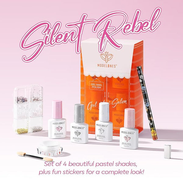 modelones Silver Cat Eye Gel Nail Polish Kit Jelly Pink White Sheer Nude French Gel Polish Set, Magnet Tools Pearl Chrome Powder Flatback Rhinestones Pearls, 4 Colors Gel Mini Salon Gift for Women