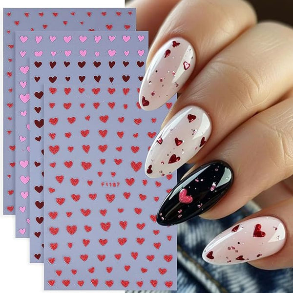 6Sheets Heart Nail Stickers Valentines Sweet Red Pink Love Selfadhesive Nail Decals 3D Glittery Stars Hearts Nail Design Heart Shaped French Sticker for Women Valentine Holiday Nail Decoration - Bel Marant