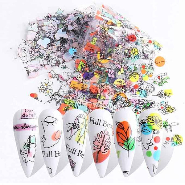 Designer Foil Transfer Stickers Decals, Abstract Face Flowers Nail Foils Design Holographic Fashion Nail Charms Sticker Colors Wraps for Women Girls Manicure Decorations (10 Sheets)