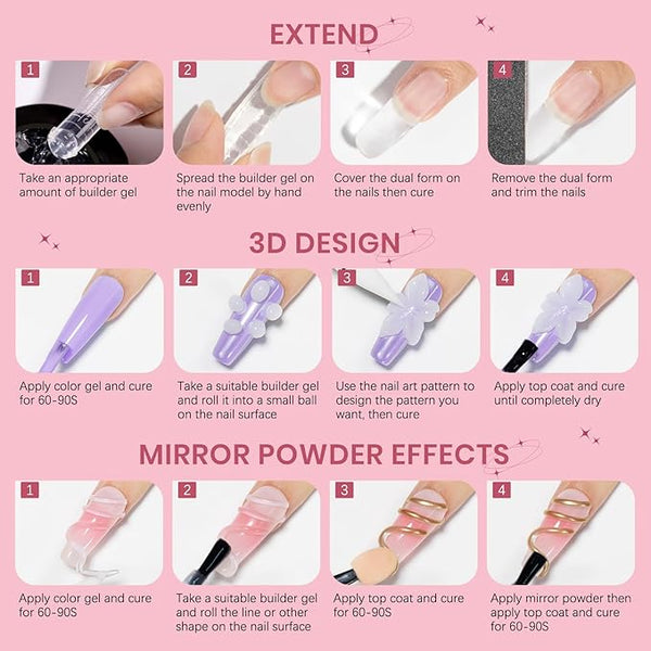 Solid Builder Gel for Nails Clear Nude White 3D Sculpture Nail Art Hard Gel with Chrome Powder for Carving Patterns Decoration Home Manicure DIY for Women
