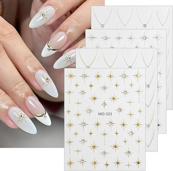 4 Sheets Star Nail Art Stickers French Nail Decals 3D Self-Adhesive Nails Art Supplies Gold Silver Stars Crystal Rhinestones Designs Stickers for Women Manicure Decoration - Bel Marant