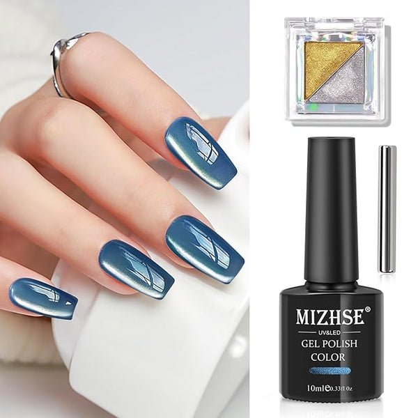 MIZHSE Cat Eye Gel Nail Polish: Blue Magnetic Gel Polish with Magnet Stick and Metallic Mirror Chrome Powder, Magic Effect Galaxy Shimmery Nail Soak Off Nail Art Salon