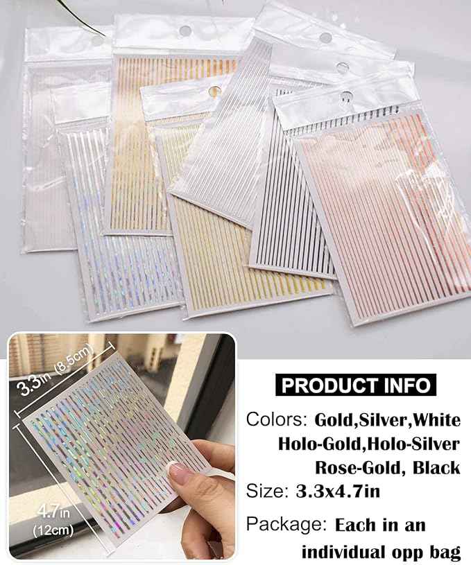 7 Sheets Nail Striping Tape Metallic Lines French Tip Manicure Strip Adhesive Holographic Foil Design Gold Sticker Decals for Nail Art