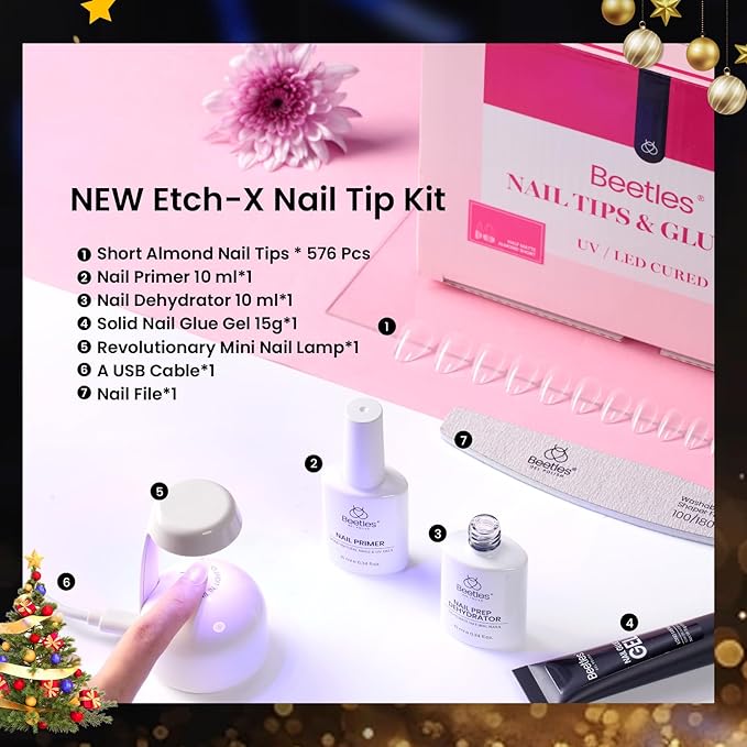 Beetles Gel Nail Kit Short Almond Gift Spree, with Dehydrator and Primer, 576Pcs Half Matte Etch-X Gel Nail Tips Solid Nail Glue Mini Lamp Acrylic Tips Easy DIY Extension Set Gift for Women