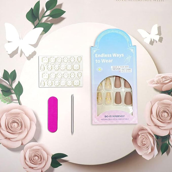 3D Gold Flower Press on Nails Short Square Fake Nails with Design Matte Acrylic Glue on Nail Reusable Full Cover Artificial Stick on Nail for Women DIY Manicure