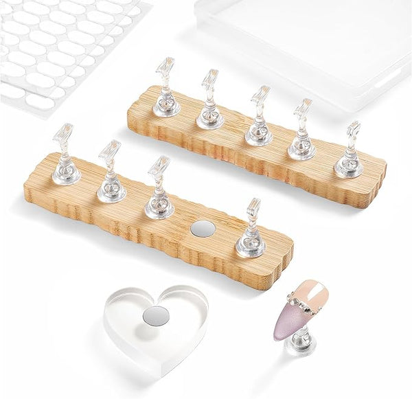 Nail Stand for Press On Nails Art Display Practice 2 Sets, 1 Heart Shaped Acrylic Magnetic Nail Stands, Fake Nail Holder Tips With 200 PCS Double-Sided Tape, Nail Kit Home DIY Salon Supplies