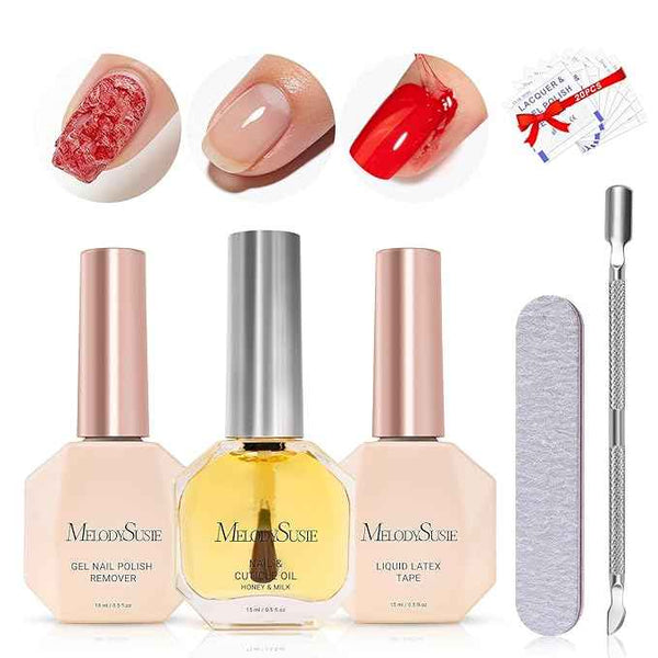 MelodySusie Gel Polish Remover Kit with Cuticle Oil & Liquid Latex Tape & Wipes & Peel Off Manicure Tools, Gel Remover for Nails 2-5 Minutes At Home, No Need Soaking Wrapping