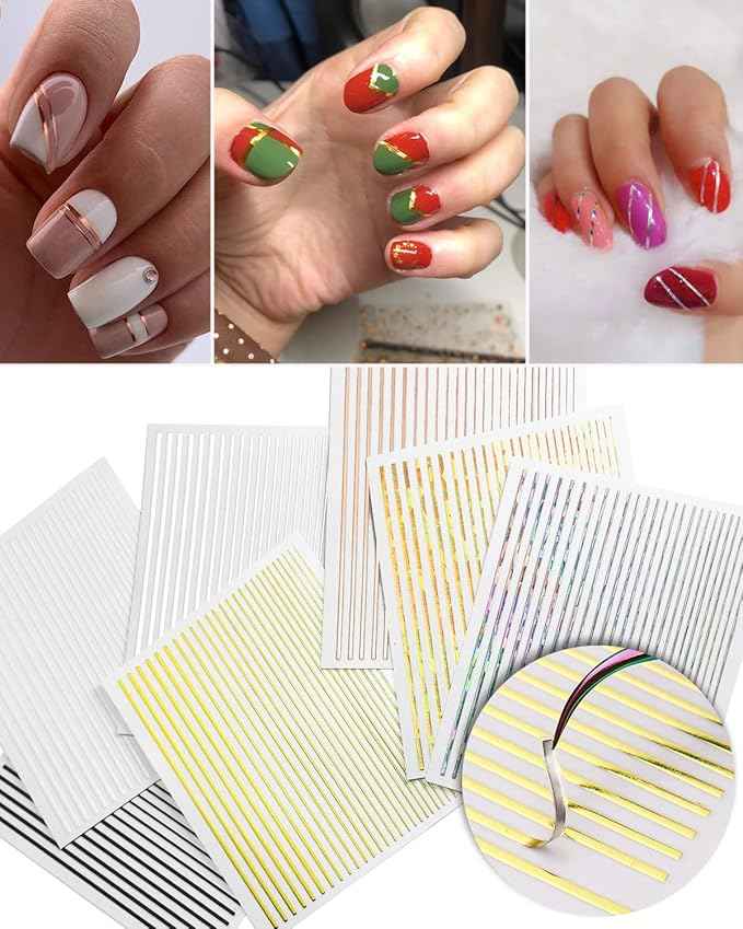 7 Sheets Nail Striping Tape Metallic Lines French Tip Manicure Strip Adhesive Holographic Foil Design Gold Sticker Decals for Nail Art
