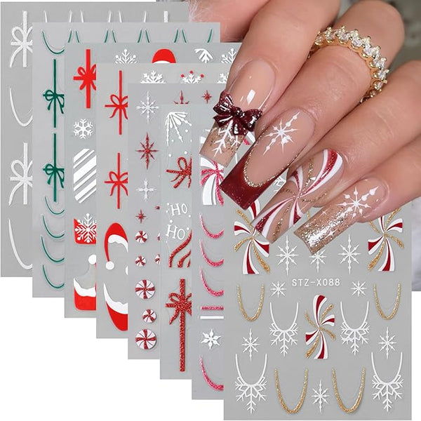 8 Sheets Christmas Nail Art Stickers 3D Christmas Gift Bow Ribbon Design French Tip Nail Stickers Xmas Candy Snowflake Nail Decals Winter Holiday Nail Decorations for Acrylic Nails DIY Manicure Tips - Bel Marant