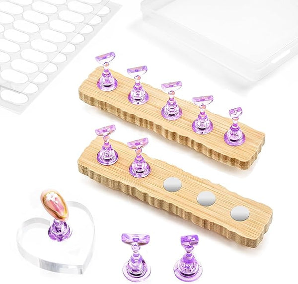 Nail Stand for Press On Art Display Practice 2 Sets, 1 Heart Acrylic Magnetic Nail Stands, Fake Nail Holder Tips, 200 PCS Double-Sided Tape, DIY Kit Home Supplies (Wood And Purple, Medium)