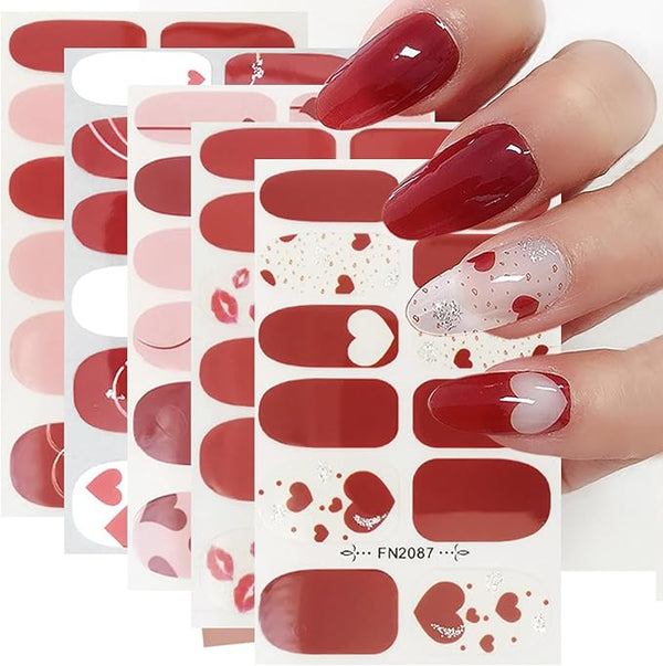 5 Sheets Valentines Day Gel Nail Stickers Glitter Love Nail Polish Strips Romantic Red Heart Nail Wraps Stickers Self Adhesive Design French Lines Hearts Full Nails Wraps Sticker for Manicure Salon - Bel Marant