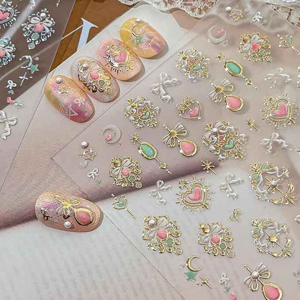 5D Embossed Gemstone Nail Stickers Self-Adhesive Valentines Nail Art Stickers Gold Heart Bow Moon Gems Designs Shiny Luxury Nails Art Supplies Cute Nail Decals for Women Manicure Decorations DIY