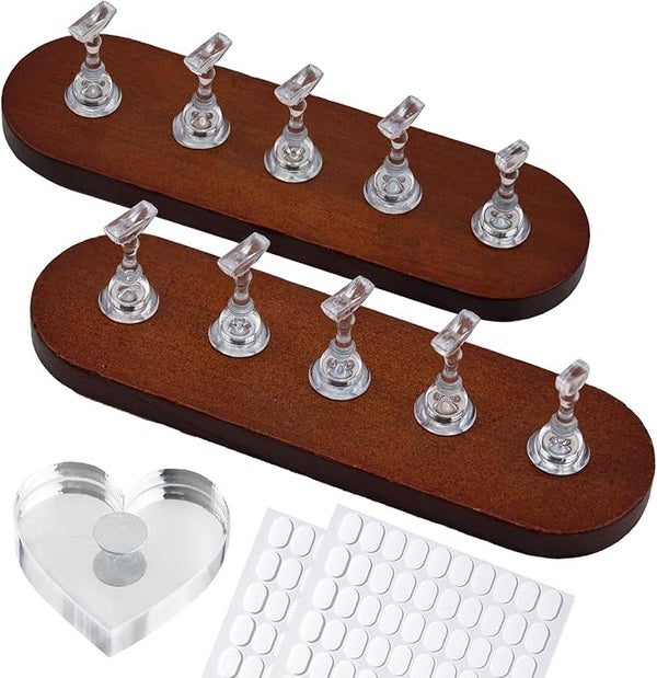 Wooden Stand for Nails Art Display Practice 2 Set, 1 Heart Shaped Acrylic Magnetic Nail Stand, Fake Nail Holder with 200 Pieces Double-sided Tape, For Home DIY Salon Supplies (Walnut, Large)