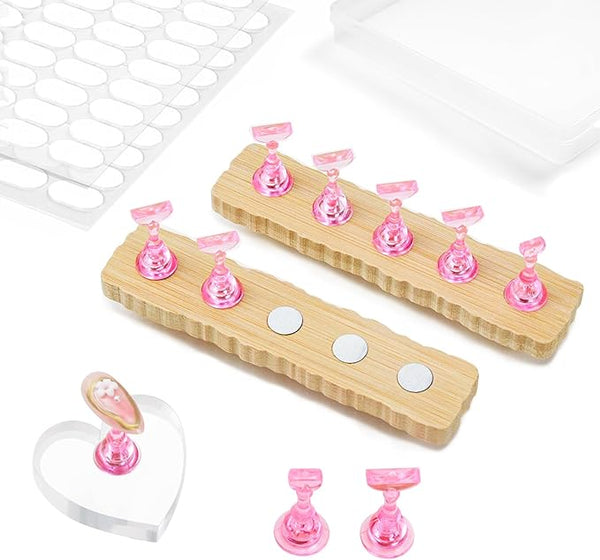 Nail Stand for Press On Art Display Practice 2 Sets, 1 Heart Acrylic Magnetic Nail Stands, Fake Nail Holder Tips, 200 PCS Double-Sided Tape, DIY Kit Home Supplies (Wood And Pink, Medium)