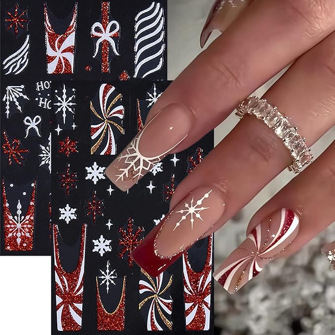 8 Sheets Christmas Nail Art Stickers Glitter Snowflake Candy 3D Self-Adhesive Winter Xmas Nail Decals Red Gold Glitter Candy Stripe French Nail Design Christmas Gift Bow Holiday Nail Decor for Women