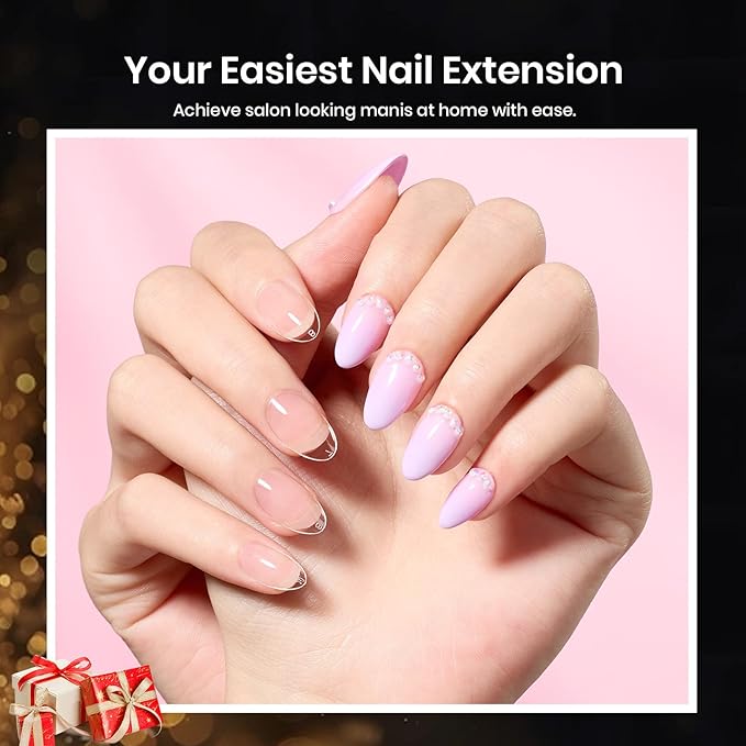 Beetles Gel Nail Kit Short Almond Gift Spree, with Dehydrator and Primer, 576Pcs Half Matte Etch-X Gel Nail Tips Solid Nail Glue Mini Lamp Acrylic Tips Easy DIY Extension Set Gift for Women