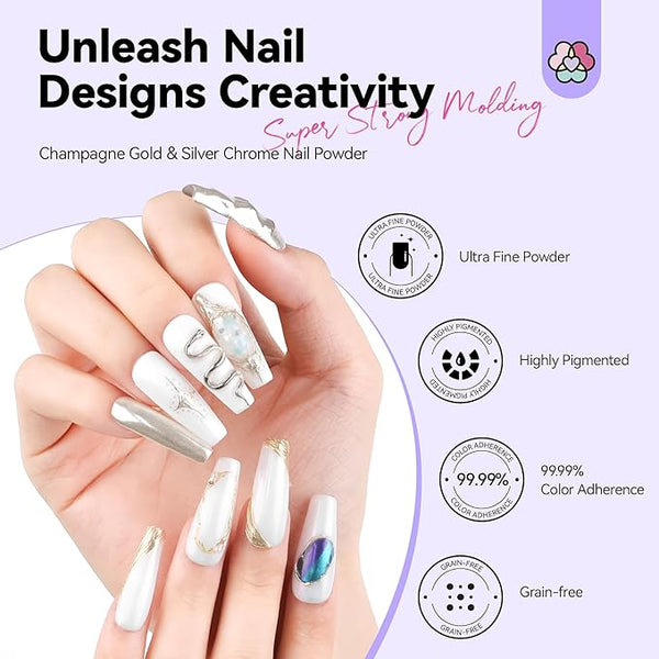 SAVILAND 3D Gel Nail Art Kit: 15g Clear No Wipe 3D Sculpting Gel for Nail Art with Gold Silver Chrome Powder Set for Molding, DIY Charms, Decorations, Home Manicure Salon Supplies Christmas Gift