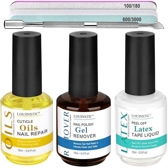 LOUINSTIC 3-in-1 Gel Nail Remover Kit – Gel Nail Polish Remover, Liquid Latex Peel-Off Tape, Cuticle Oil for Nails & Manicure Tools – Acetone-Free, Low Odor, Removes Gel in 2–5 Min, No Foil