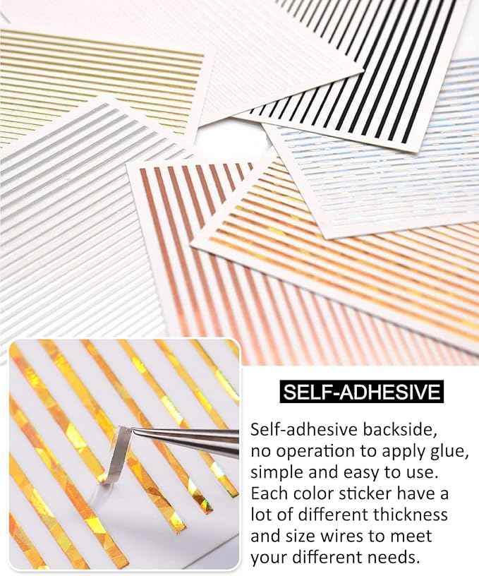 7 Sheets Nail Striping Tape Metallic Lines French Tip Manicure Strip Adhesive Holographic Foil Design Gold Sticker Decals for Nail Art