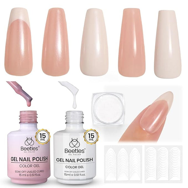 Beetles Upgraded French Tip Gel Polish Set - Pearl Glaze White Nude Pink Gel Nail Kit Soak Off UV LED with 4 Styles Bubble French&Chrome Powder Nail Art Sticker DIY Home Salon Spring Gift for Women
