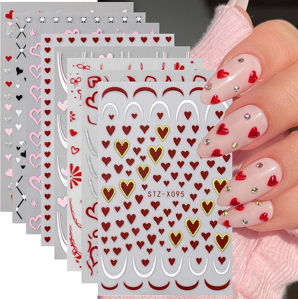8pcs Heart Nail Stickers,Valentine's Nail Decals French Love-Heart Kawaii Lace Bow Tie Design Hollow Sweet Red Pink 3D Glittery Hearts Shaped Wavy Line Adhesive Sticker DIY Manicure Supplies Decor - Bel Marant