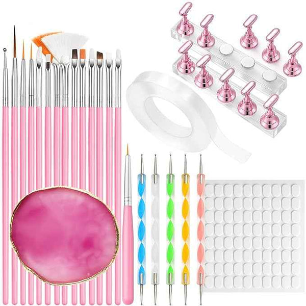 Nail Art Tools Set – 15pcs Pink Nail Art Brushes, 5pcs Dual-Ended Dotting Pens, 10 Nail Stands with 2 Bases, Nail Art Palette, Double-Sided Tape & Adhesive Tabs for DIY Nail Design