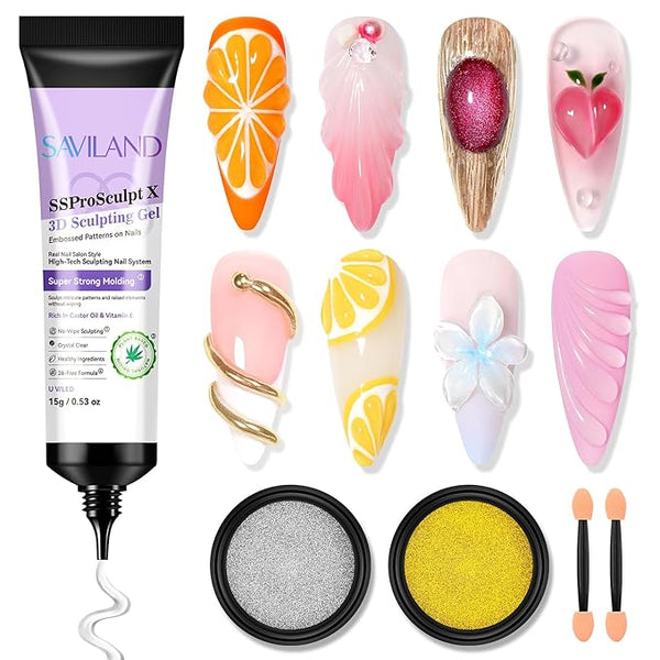 SAVILAND 3D Gel Nail Art Kit: 15g Clear No Wipe 3D Sculpting Gel for Nail Art with Gold Silver Chrome Powder Set for Molding, DIY Charms, Decorations, Home Manicure Salon Supplies Christmas Gift