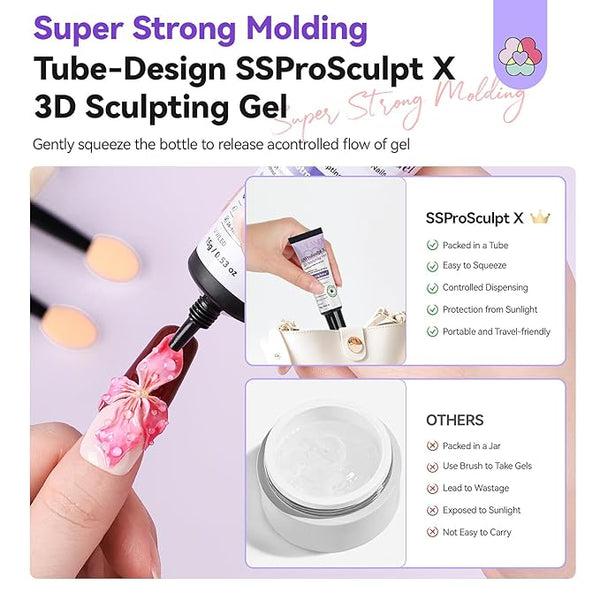 SAVILAND 3D Gel Nail Art Set: 2PCS 15g 3D Nail Gels Sculpting Gel for Nail Art Design, No Wipe Clear 3D Molding Painting Gels for Chrome Powder, DIY Decoration Charms Home DIY & Salon Manicure