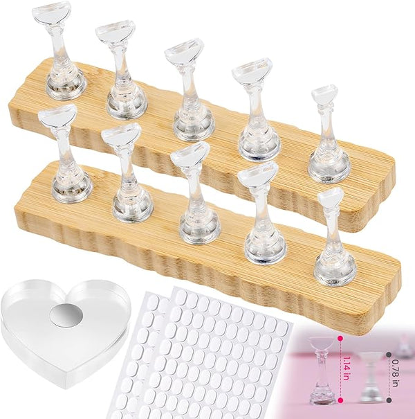 Nail Stand For Press Ons Tall Extra-High Nail Tip Holder For Painting Art Supplies Magnetic Wood Display With 1 Heart Fake Nail Stands, 200Pcs Double Sided Tape, Decorating Art Accessories Kit
