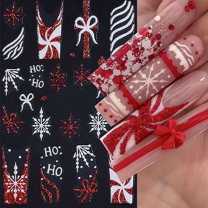 8 Sheets Christmas Nail Art Stickers Glitter Snowflake Candy 3D Self-Adhesive Winter Xmas Nail Decals Red Gold Glitter Candy Stripe French Nail Design Christmas Gift Bow Holiday Nail Decor for Women