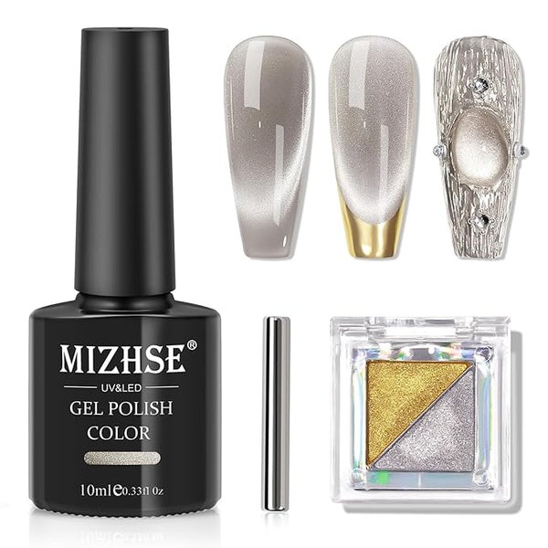 MIZHSE Cat Eye Gel Nail Polish: Grey Magnetic Gel Polish with Magnet Stick and Metallic Mirror Chrome Powder, Maillard Style Magic Effect Galaxy Shimmery Nail Soak Off Nail Art Salon