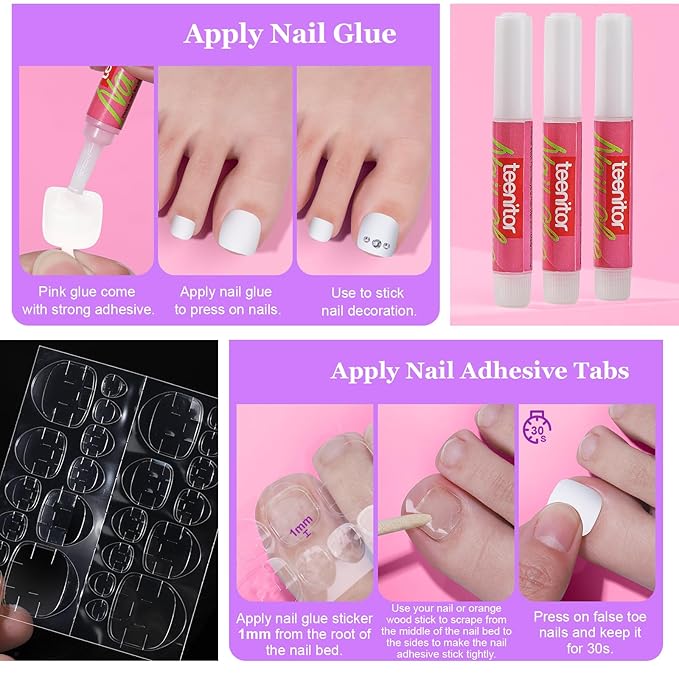 Teenitor White Press on Toenails for Women, 240pcs 15 Sizes of Toe Nail Press ons Fake Toe Nails Tips with Nail Glue, White Toe Press on Nails Square, Toe Nails Press on False Toenails