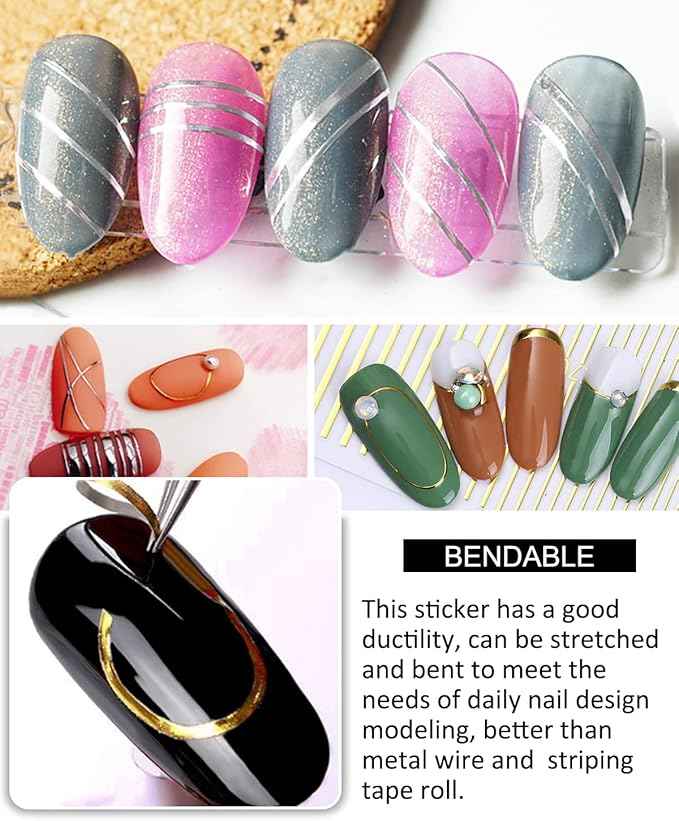 7 Sheets Nail Striping Tape Metallic Lines French Tip Manicure Strip Adhesive Holographic Foil Design Gold Sticker Decals for Nail Art