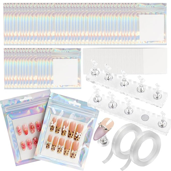 50 PCS Nails Packaging Bags with Nail Stand for Fake Nail, Holographic Press On Nail Storage Container Nail Art Kit for Diy Design,Nail Cardboards with 2 Double-sided Adhesive Tape Salon Home