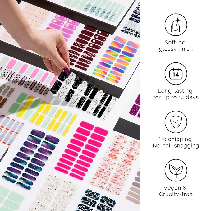 Semi Cured Gel Nail Strips - NAILOG 20 Pcs Brown Nail Stickers Extra Long Wraps with Glossy Gel Finishing for Autumn Winter, Brick Red