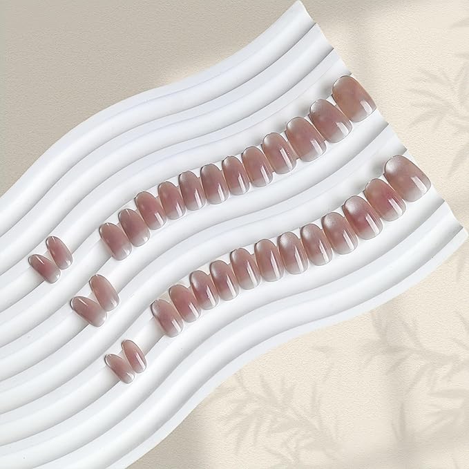 KQueenest Cat Eye French Press on Nails Short Oval, 30 Pcs Ombre Pink Fake Nails Extra Short Round, Glitter Glue on Nails for Women, Reusable Chrome Blush Pink Stick on Nails Almond for Small Size