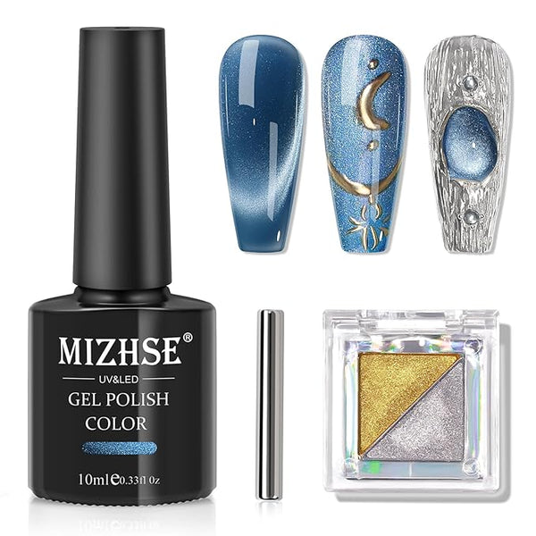 MIZHSE Cat Eye Gel Nail Polish: Blue Magnetic Gel Polish with Magnet Stick and Metallic Mirror Chrome Powder, Magic Effect Galaxy Shimmery Nail Soak Off Nail Art Salon