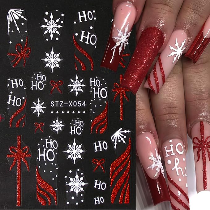 8 Sheets Christmas Nail Art Stickers Glitter Snowflake Candy 3D Self-Adhesive Winter Xmas Nail Decals Red Gold Glitter Candy Stripe French Nail Design Christmas Gift Bow Holiday Nail Decor for Women